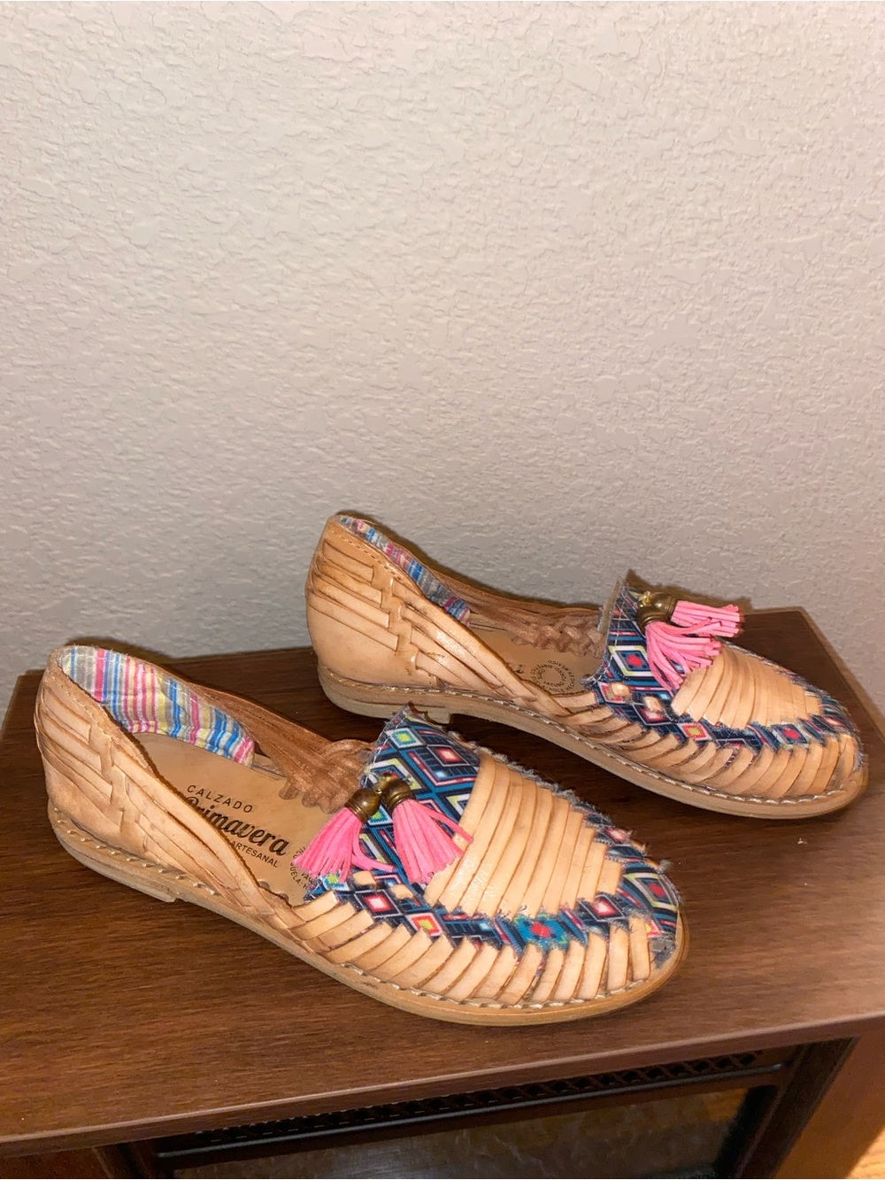 Women’s Tan Huarache Loafers with Pink Tassels